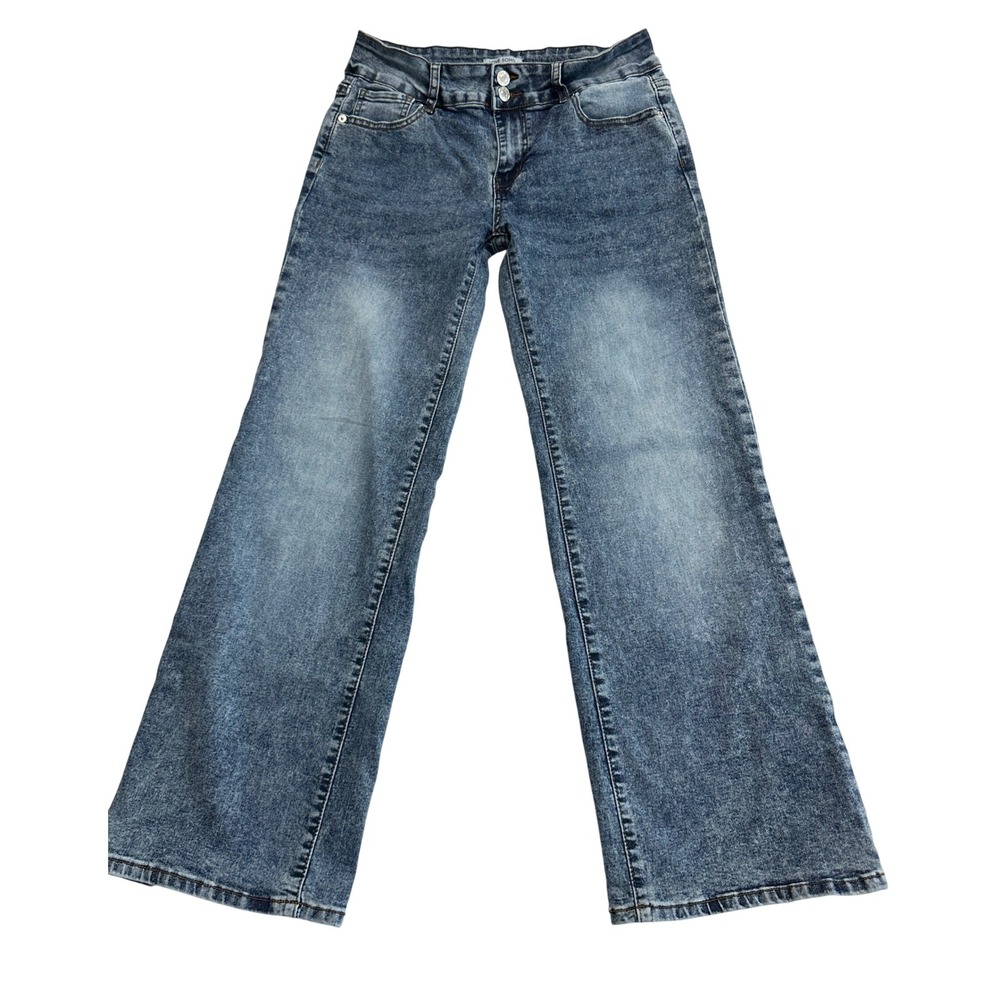 Love Soho Denim Womens Acid Wash Wide Leg Jeans Blue Size 9 Double Button Rise